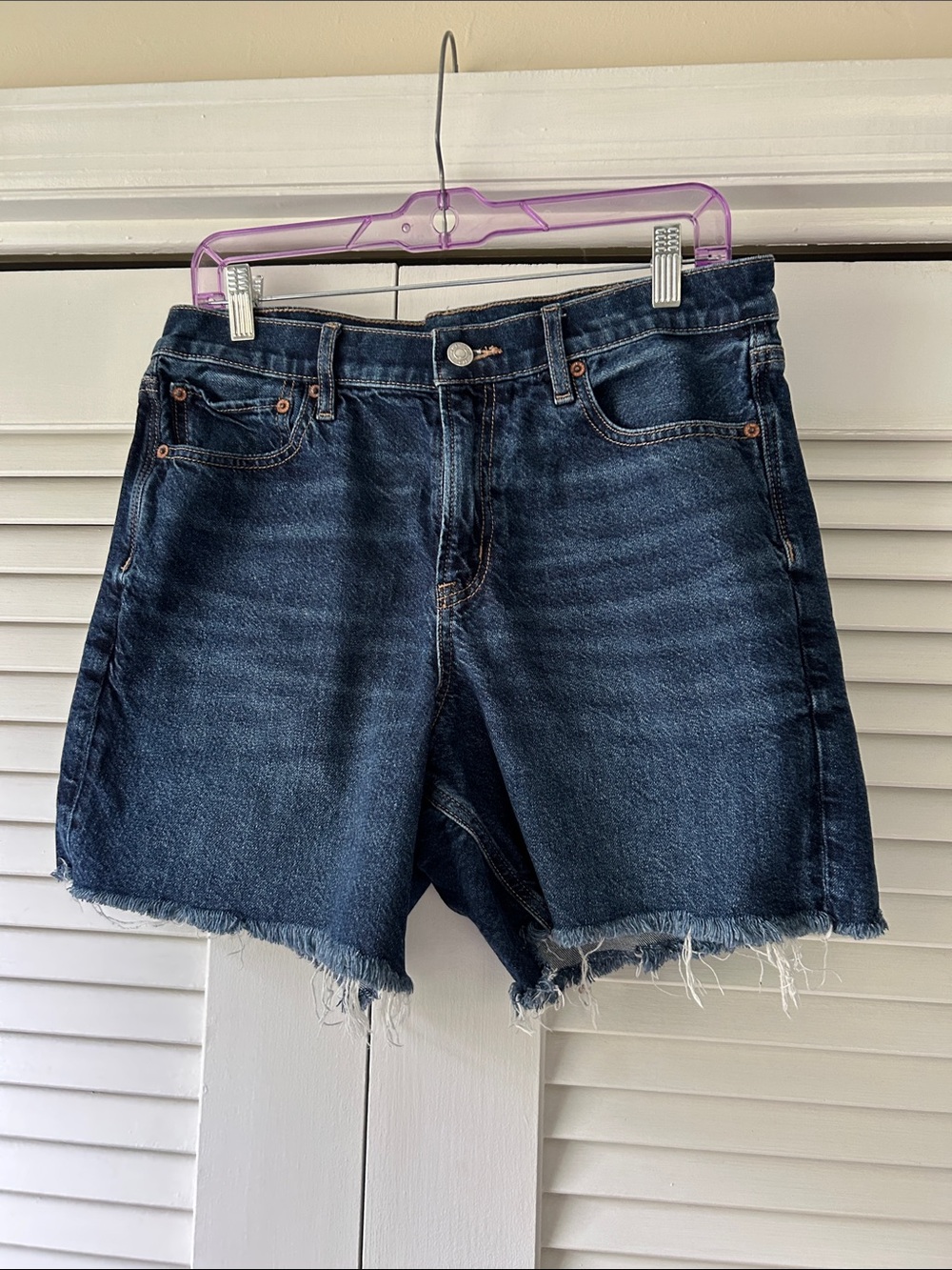 American Eagle Outfitters Dark Blue Distressed Hem Denim Shorts